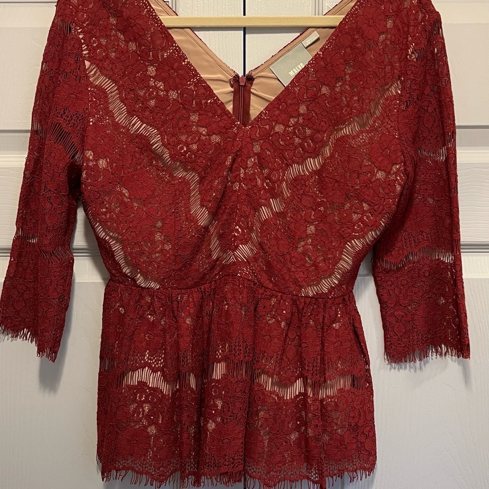 Maeve by Anthropologie Crimson Lace V-Neck Blouse